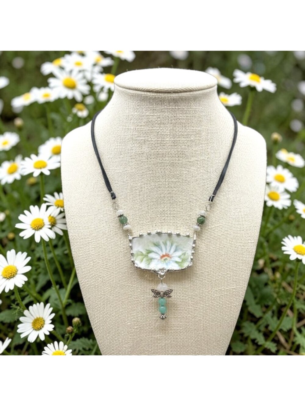 Broken China Daisies Pendant Jade Dragonfly Moonstone & Green Aventurine Leather - Picture 5 of 11